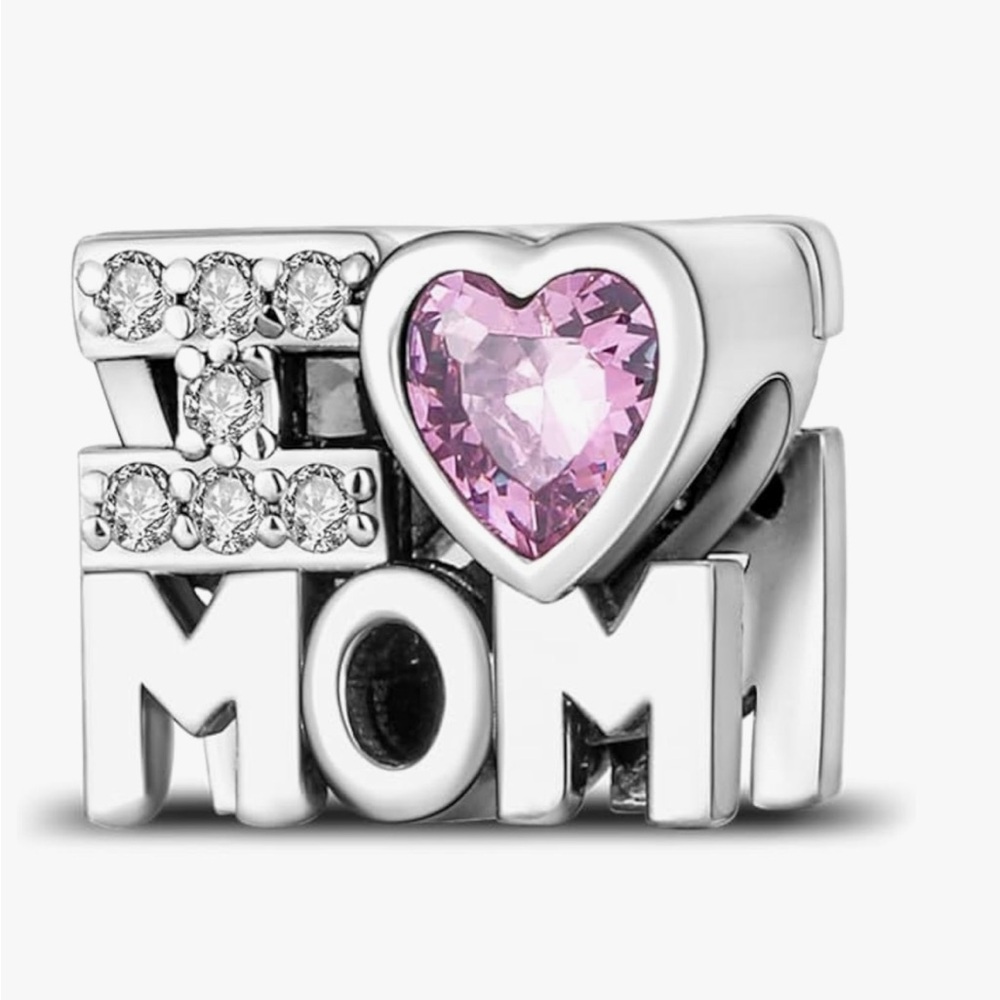 💕 Sterling Silver I Love Mom Pink Heart Charm CZ Mother Gift